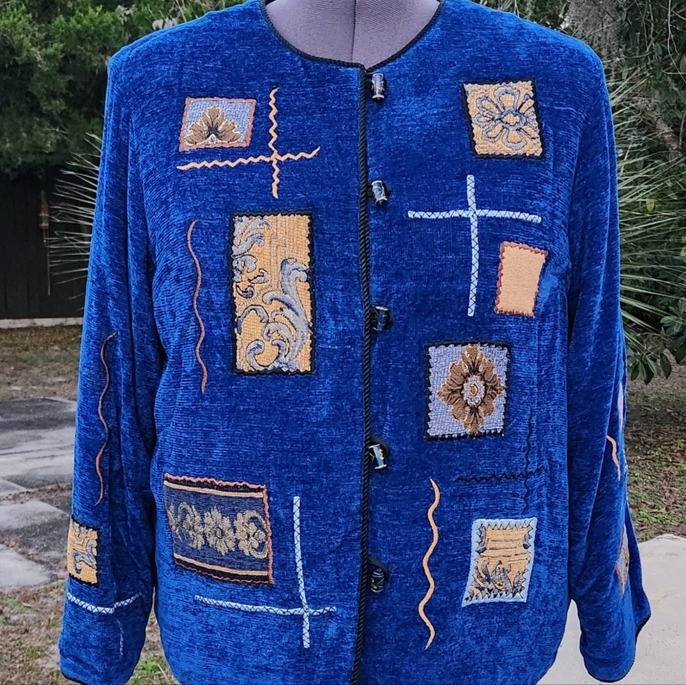 Art to Wear Sweater Cardigan BLUE Embroidered Chenille Maximal XL  1X Laganlook